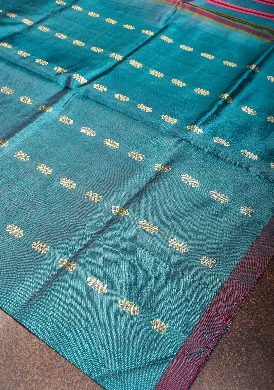 Vegan Silk Handloom Saree in Bluish Cyan with Resham Buttas and Contrast Pallu , No Blouse piece