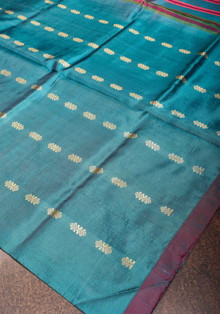 Vegan Silk Handloom Saree in Bluish Cyan with Resham Buttas and Contrast Pallu , No Blouse piece