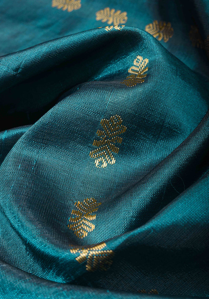 Vegan Silk Handloom Saree in Bluish Cyan with Resham Buttas and Contrast Pallu , No Blouse piece