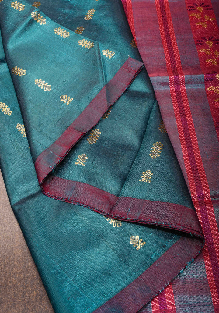 Vegan Silk Handloom Saree in Bluish Cyan with Resham Buttas and Contrast Pallu , No Blouse piece