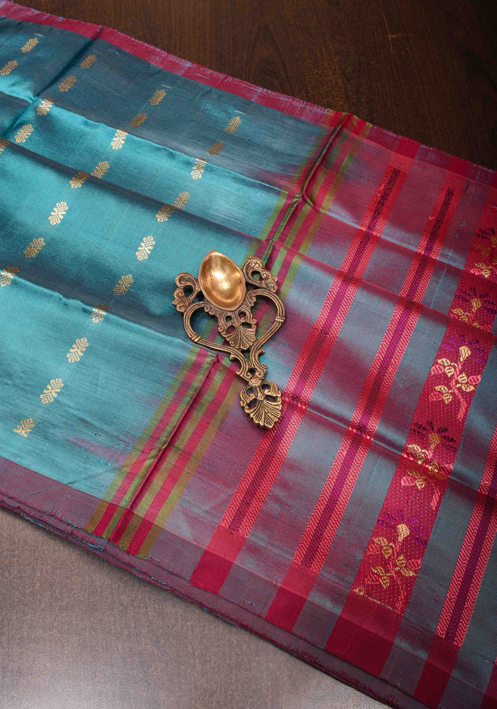 Vegan Silk Handloom Saree in Bluish Cyan with Resham Buttas and Contrast Pallu , No Blouse piece
