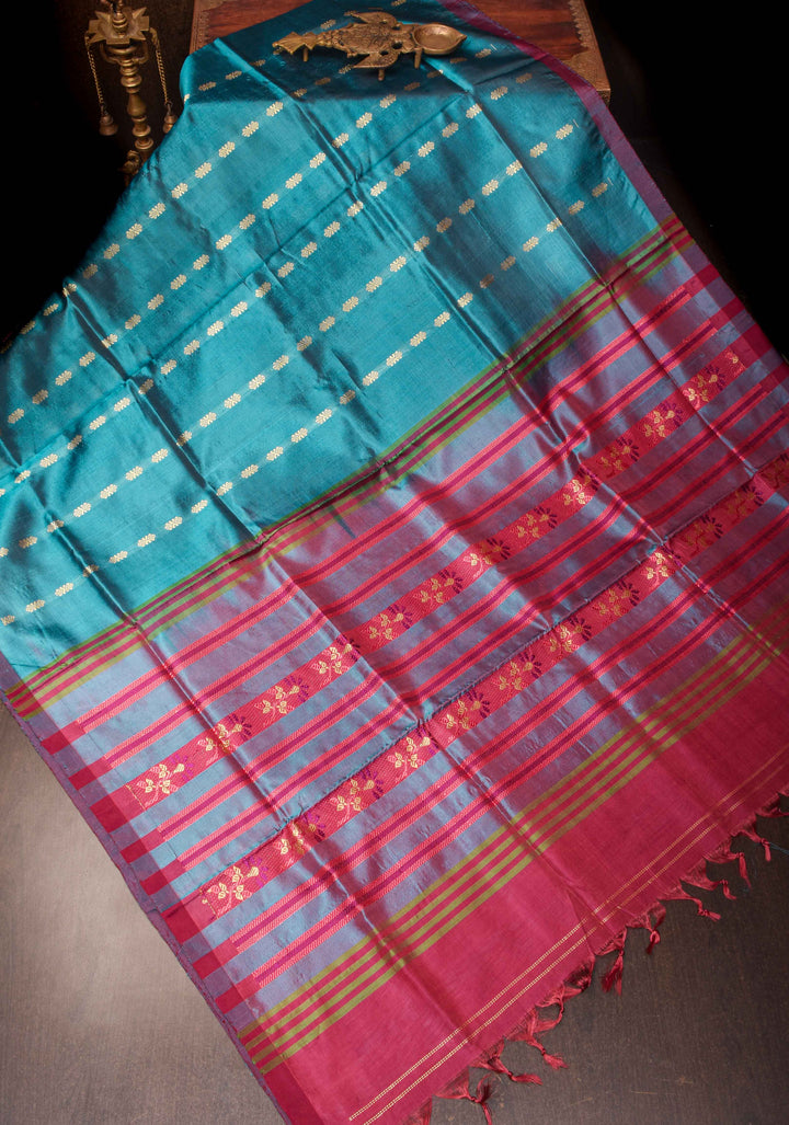 Vegan Silk Handloom Saree in Bluish Cyan with Resham Buttas and Contrast Pallu , No Blouse piece