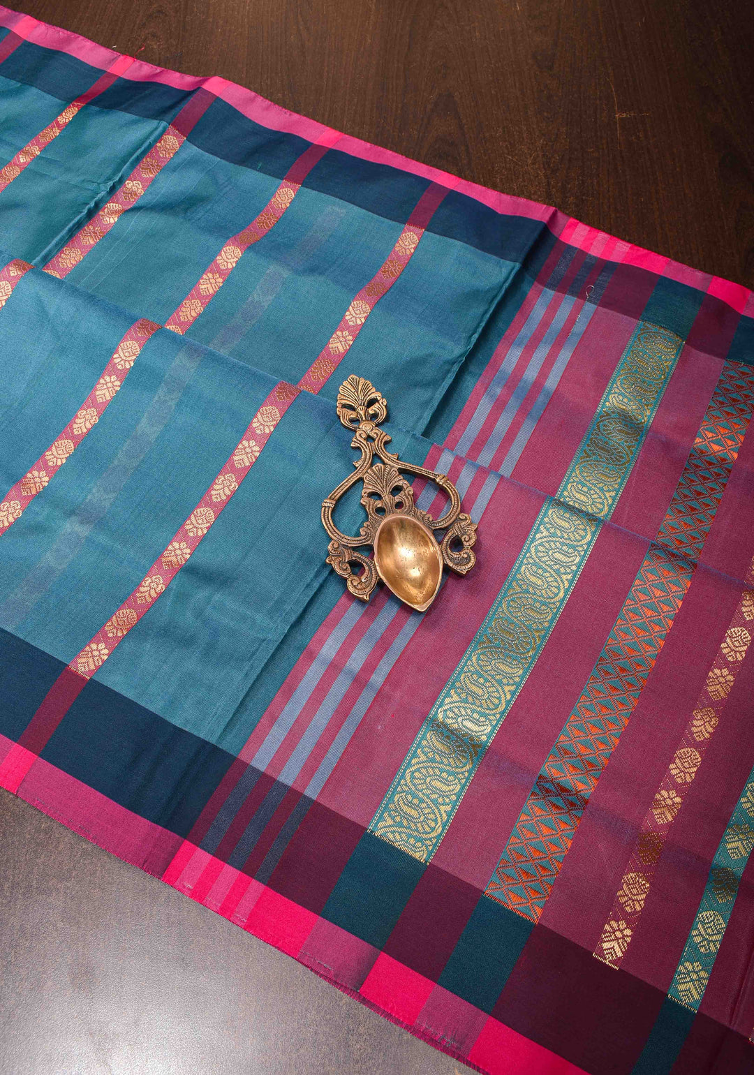 Vegan Silk Handloom Saree in Blue with Resham Buttas and Contrast Pallu , No Blouse piece