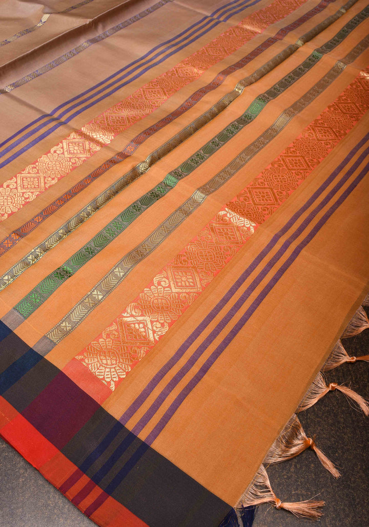Vegan Silk Handloom Saree in Rosy Brown with Resham Buttas and Contrast Pallu, No Blouse piece