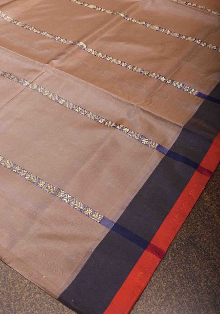 Vegan Silk Handloom Saree in Rosy Brown with Resham Buttas and Contrast Pallu, No Blouse piece