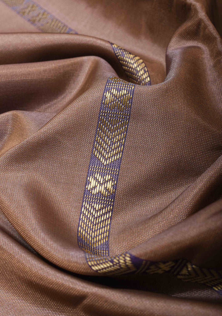 Vegan Silk Handloom Saree in Rosy Brown with Resham Buttas and Contrast Pallu, No Blouse piece