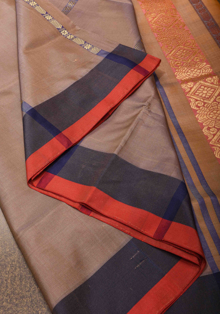 Vegan Silk Handloom Saree in Rosy Brown with Resham Buttas and Contrast Pallu, No Blouse piece