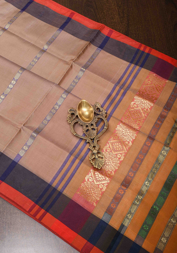 Vegan Silk Handloom Saree in Rosy Brown with Resham Buttas and Contrast Pallu, No Blouse piece