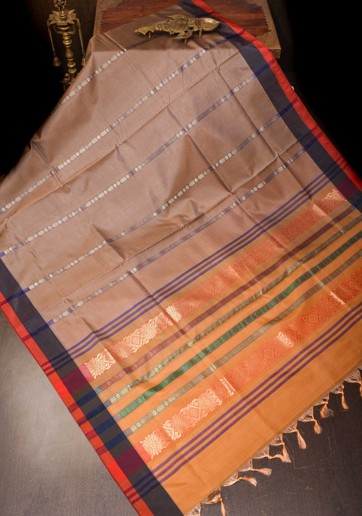 Vegan Silk Handloom Saree in Rosy Brown with Resham Buttas and Contrast Pallu, No Blouse piece