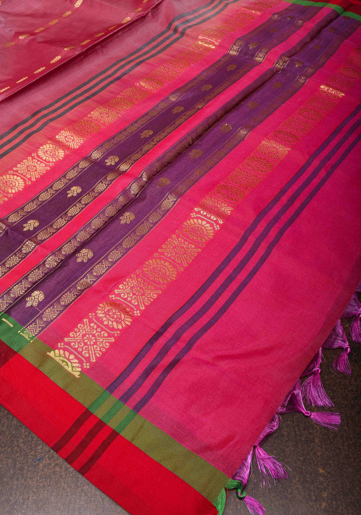 Vegan Silk Handloom Saree in Dusty Rose with Resham Buttas and Contrast Pallu, No Blouse piece