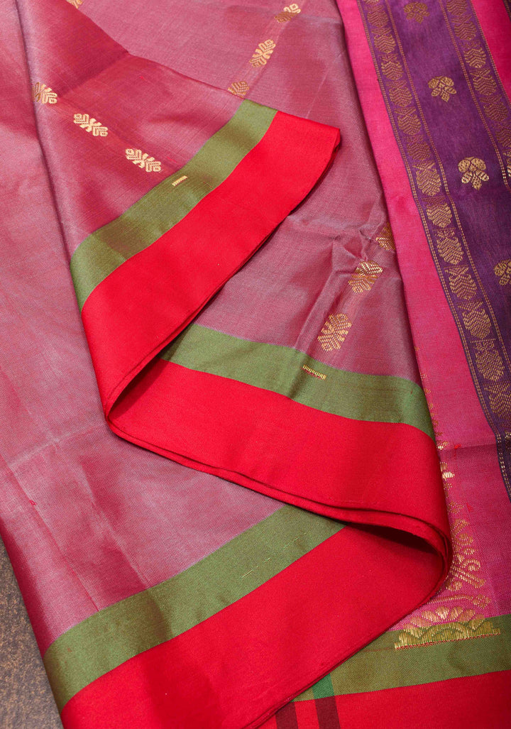 Vegan Silk Handloom Saree in Dusty Rose with Resham Buttas and Contrast Pallu, No Blouse piece