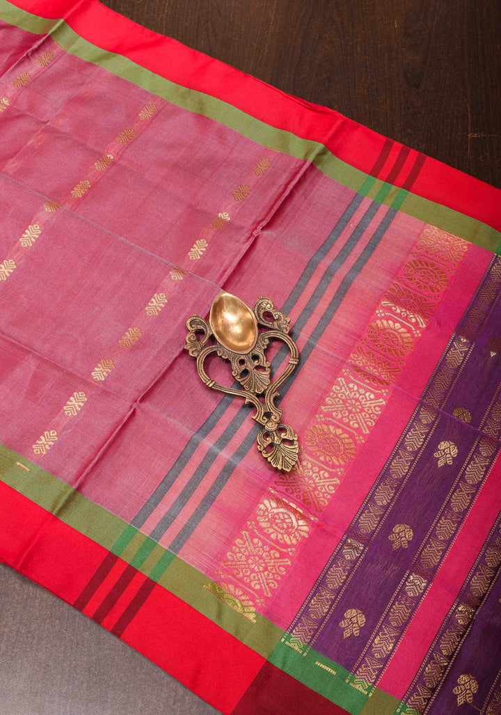Vegan Silk Handloom Saree in Dusty Rose with Resham Buttas and Contrast Pallu, No Blouse piece