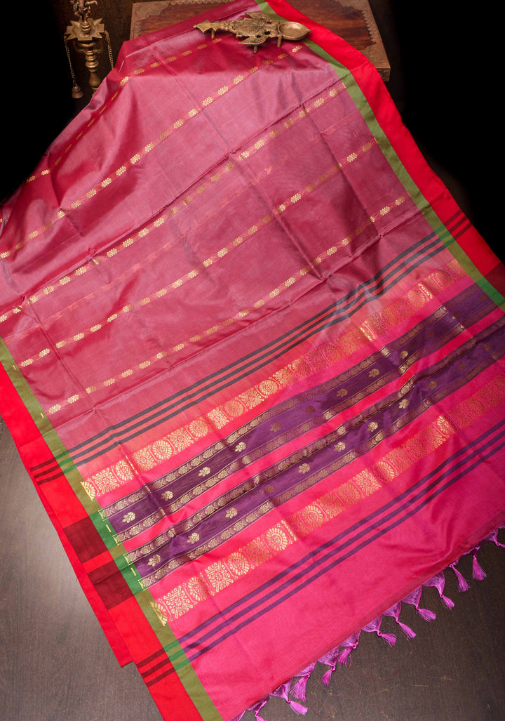 Vegan Silk Handloom Saree in Dusty Rose with Resham Buttas and Contrast Pallu, No Blouse piece