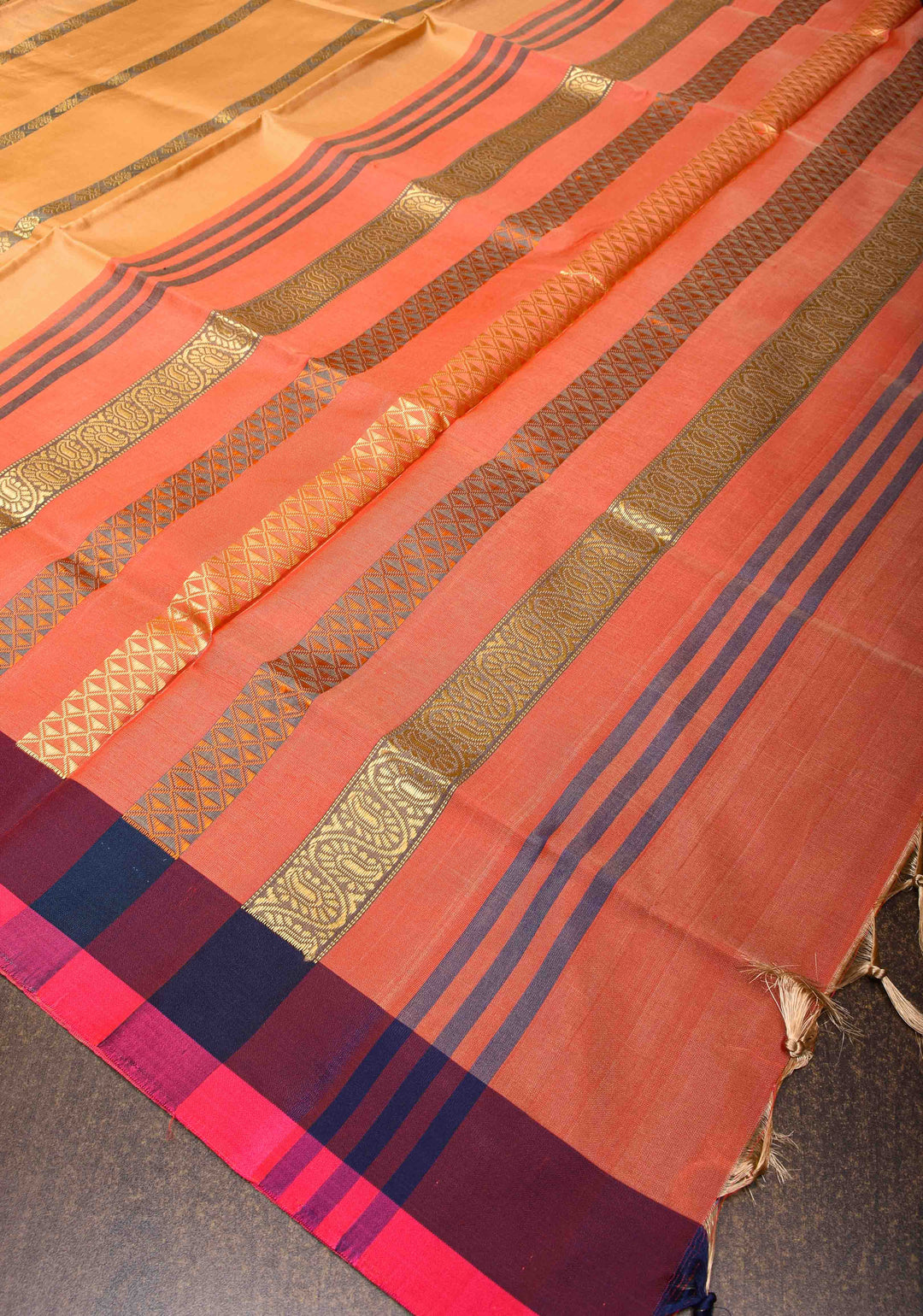 Vegan Silk Handloom Saree in Peach with Resham Buttas and Contrast Pallu, No Blouse piece