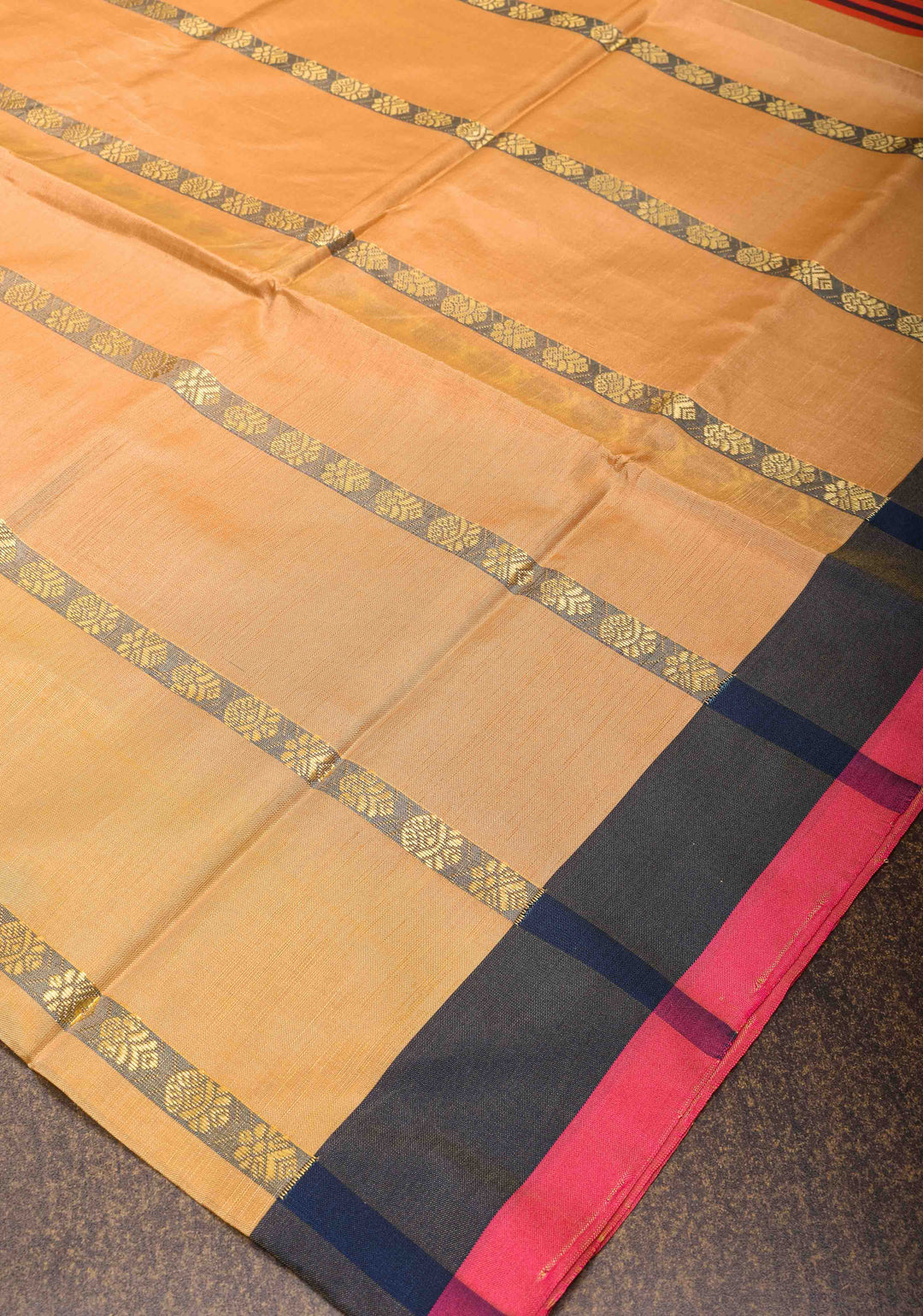 Vegan Silk Handloom Saree in Peach with Resham Buttas and Contrast Pallu, No Blouse piece