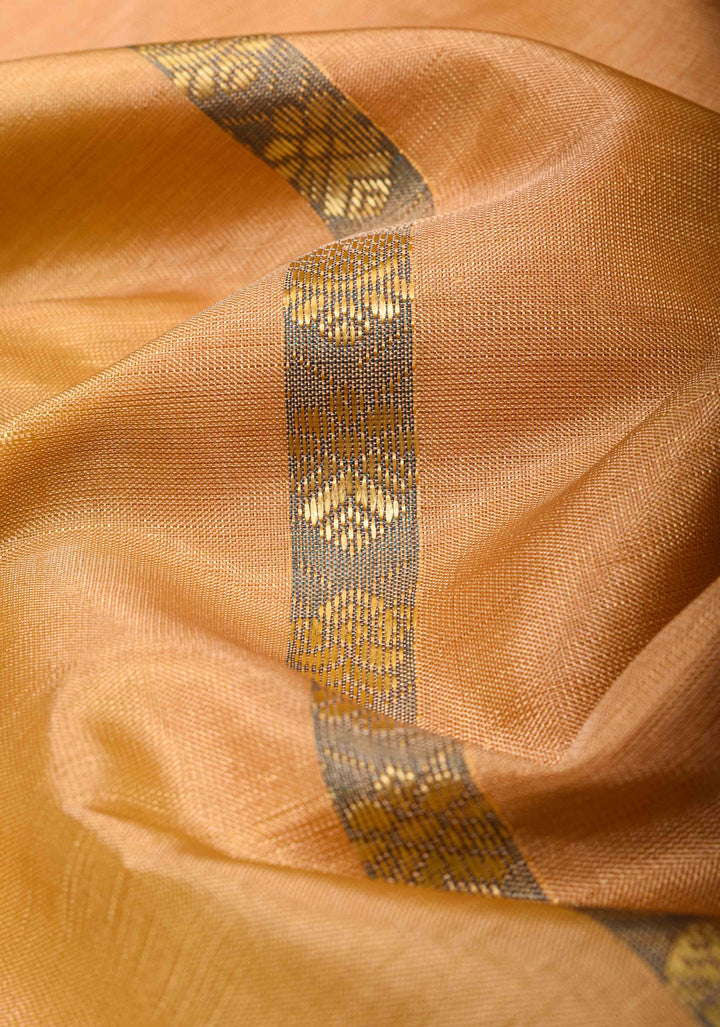 Vegan Silk Handloom Saree in Peach with Resham Buttas and Contrast Pallu, No Blouse piece