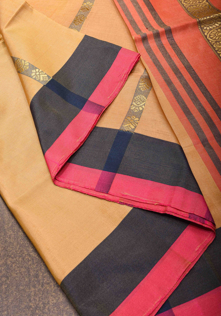 Vegan Silk Handloom Saree in Peach with Resham Buttas and Contrast Pallu, No Blouse piece
