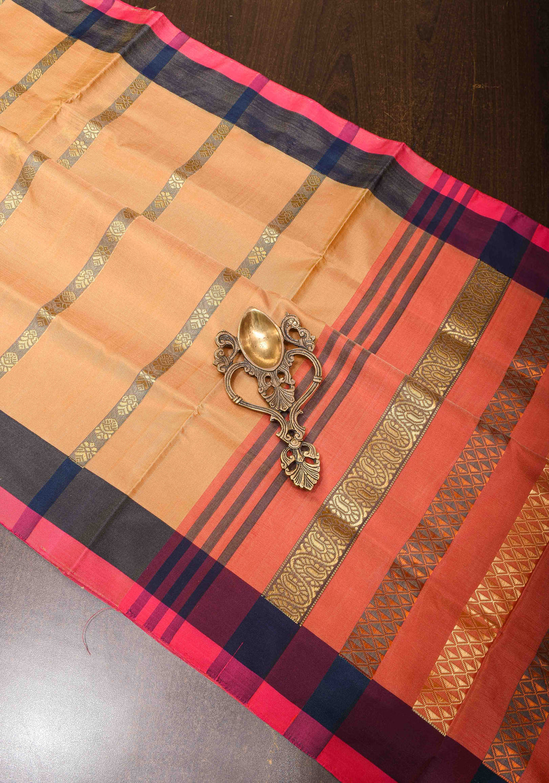 Vegan Silk Handloom Saree in Peach with Resham Buttas and Contrast Pallu, No Blouse piece