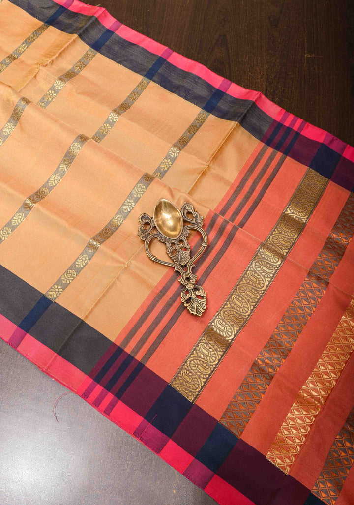 Vegan Silk Handloom Saree in Peach with Resham Buttas and Contrast Pallu, No Blouse piece