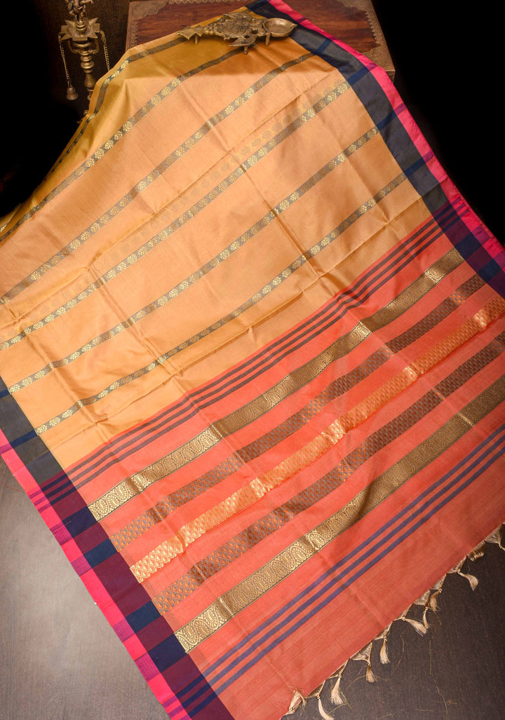 Vegan Silk Handloom Saree in Peach with Resham Buttas and Contrast Pallu, No Blouse piece