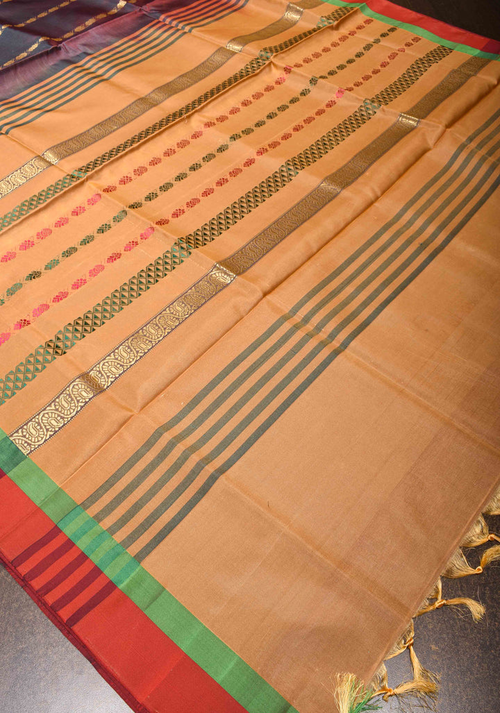 Vegan Silk Handloom Saree in Dark Mauve with Resham Buttas and Contrast Pallu, No Blouse piece