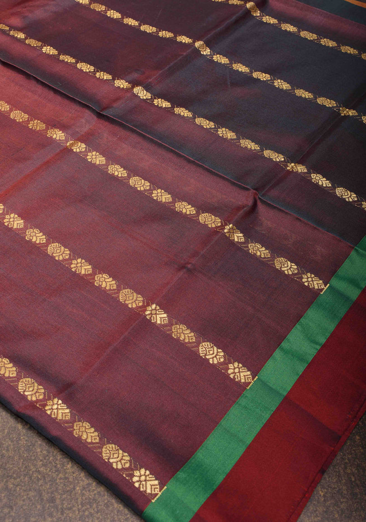 Vegan Silk Handloom Saree in Dark Mauve with Resham Buttas and Contrast Pallu, No Blouse piece