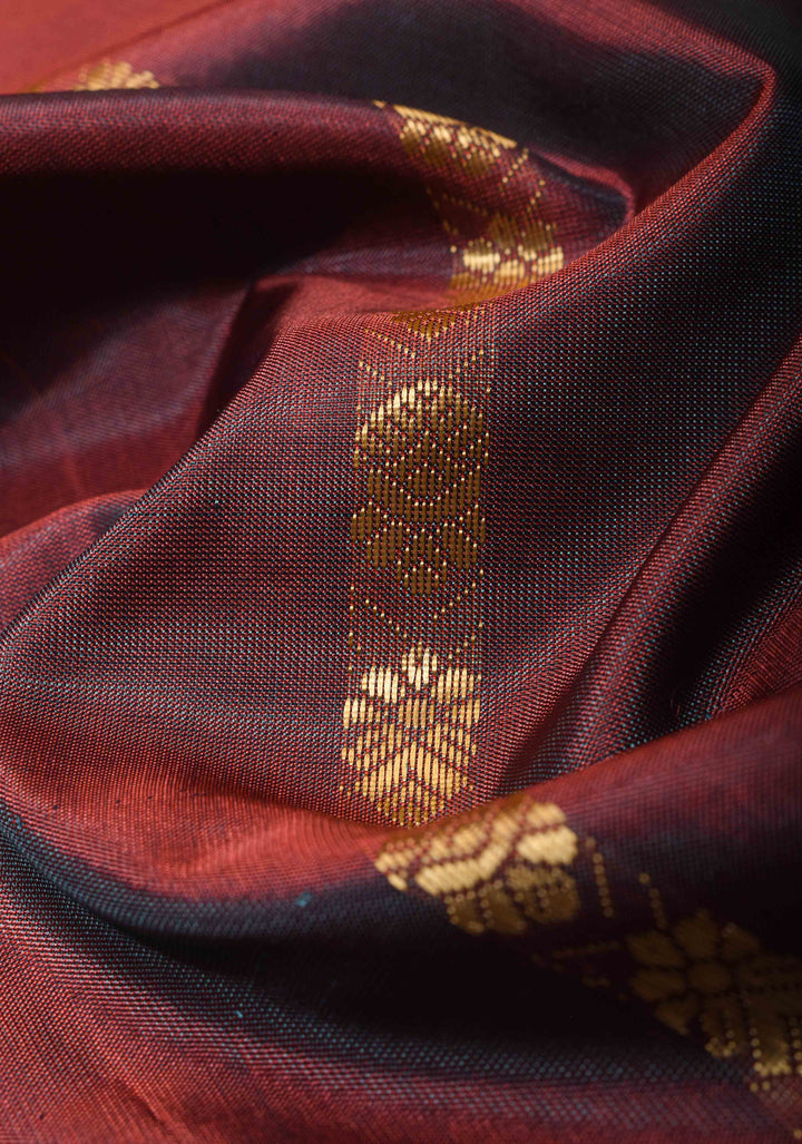 Vegan Silk Handloom Saree in Dark Mauve with Resham Buttas and Contrast Pallu, No Blouse piece