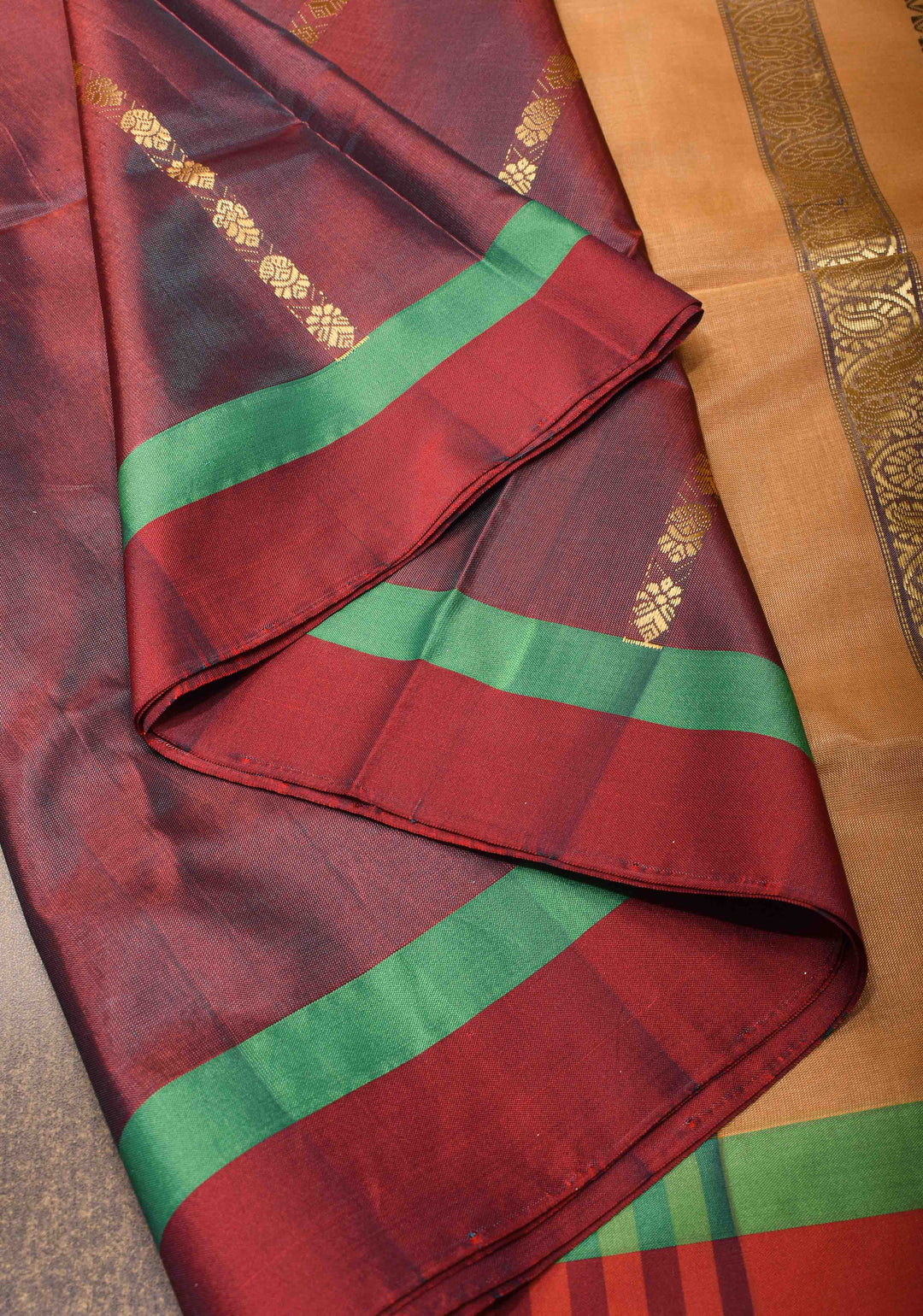 Vegan Silk Handloom Saree in Dark Mauve with Resham Buttas and Contrast Pallu, No Blouse piece