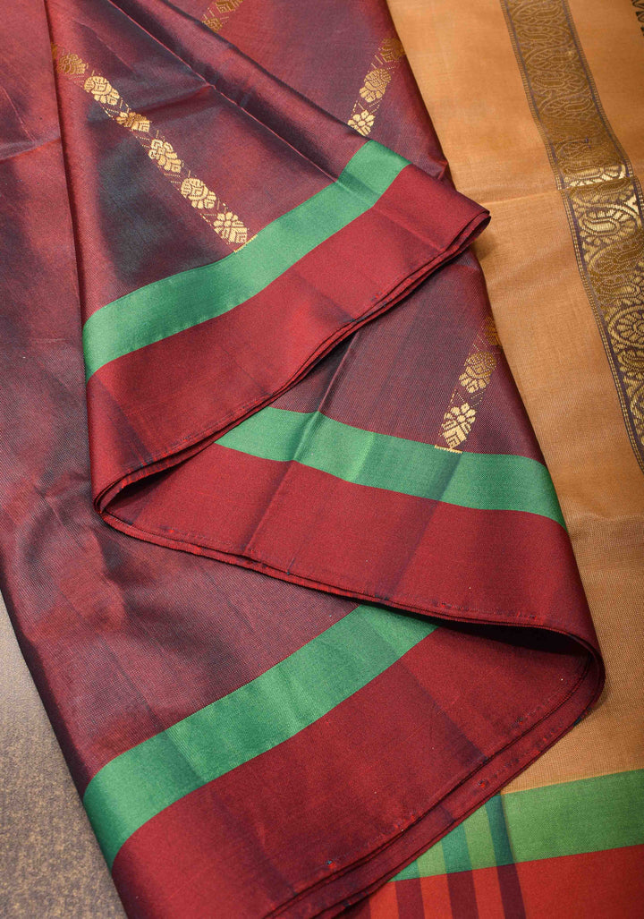 Vegan Silk Handloom Saree in Dark Mauve with Resham Buttas and Contrast Pallu, No Blouse piece