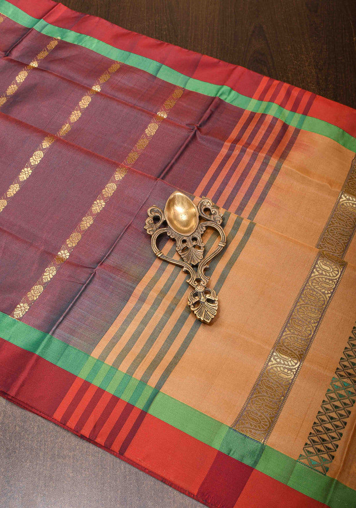 Vegan Silk Handloom Saree in Dark Mauve with Resham Buttas and Contrast Pallu, No Blouse piece