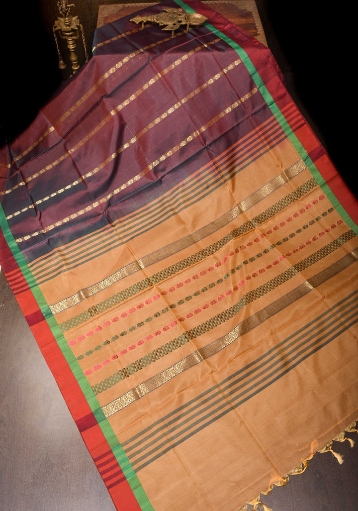 Vegan Silk Handloom Saree in Dark Mauve with Resham Buttas and Contrast Pallu, No Blouse piece