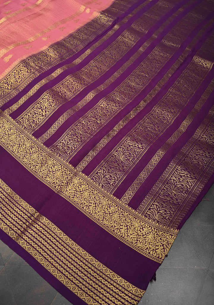 Dusty Pink Zari Buttas on Mysore Silk Saree with Podi-Kattam Zari Checks Panels and Contrast Zari Border | SILK MARK CERTIFIED