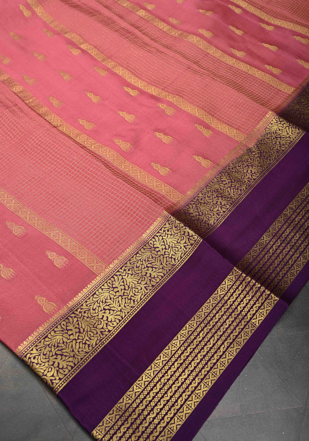 Dusty Pink Zari Buttas on Mysore Silk Saree with Podi-Kattam Zari Checks Panels and Contrast Zari Border | SILK MARK CERTIFIED