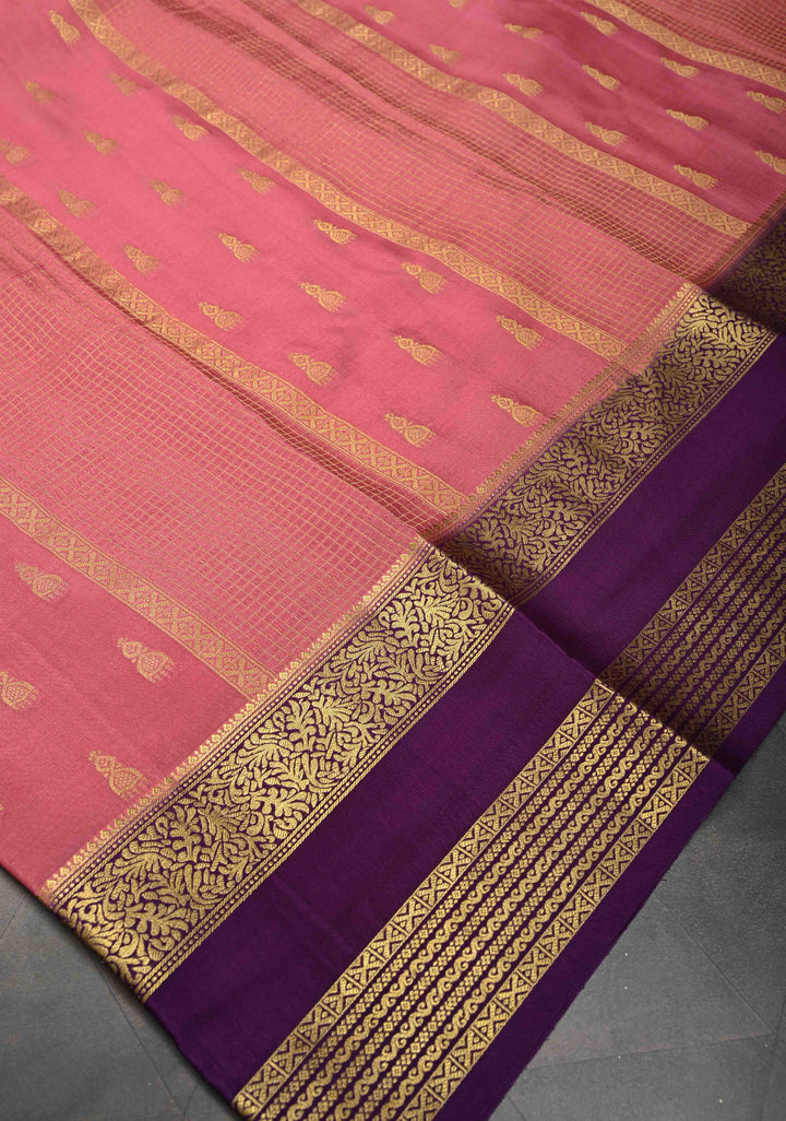 Dusty Pink Zari Buttas on Mysore Silk Saree with Podi-Kattam Zari Checks Panels and Contrast Zari Border | SILK MARK CERTIFIED