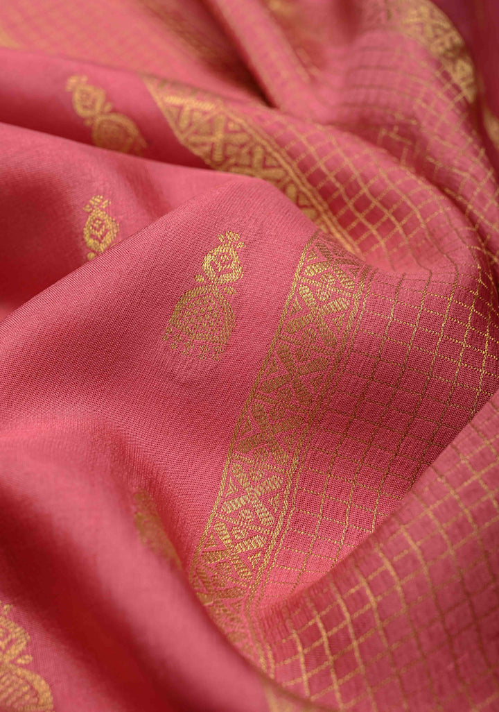 Dusty Pink Zari Buttas on Mysore Silk Saree with Podi-Kattam Zari Checks Panels and Contrast Zari Border | SILK MARK CERTIFIED