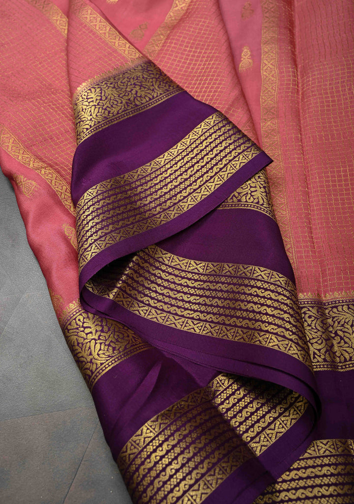 Dusty Pink Zari Buttas on Mysore Silk Saree with Podi-Kattam Zari Checks Panels and Contrast Zari Border | SILK MARK CERTIFIED