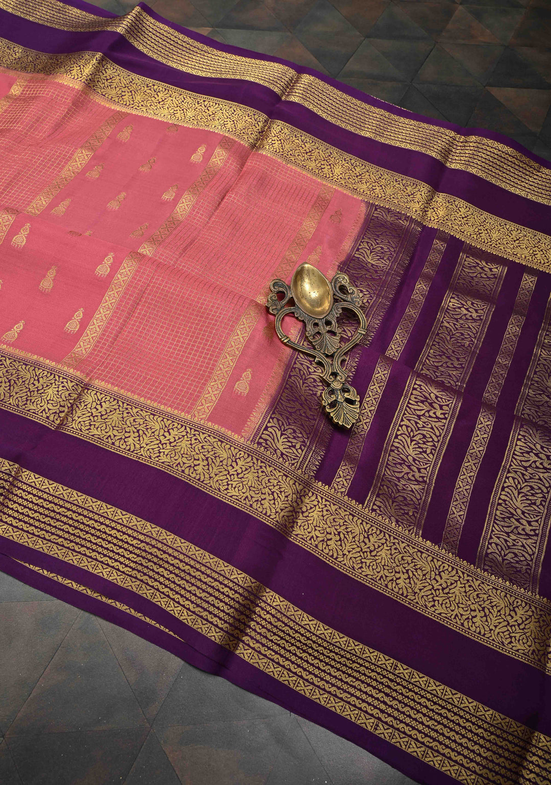 Dusty Pink Zari Buttas on Mysore Silk Saree with Podi-Kattam Zari Checks Panels and Contrast Zari Border | SILK MARK CERTIFIED
