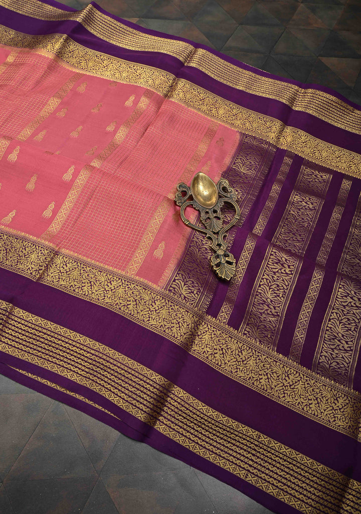 Dusty Pink Zari Buttas on Mysore Silk Saree with Podi-Kattam Zari Checks Panels and Contrast Zari Border | SILK MARK CERTIFIED