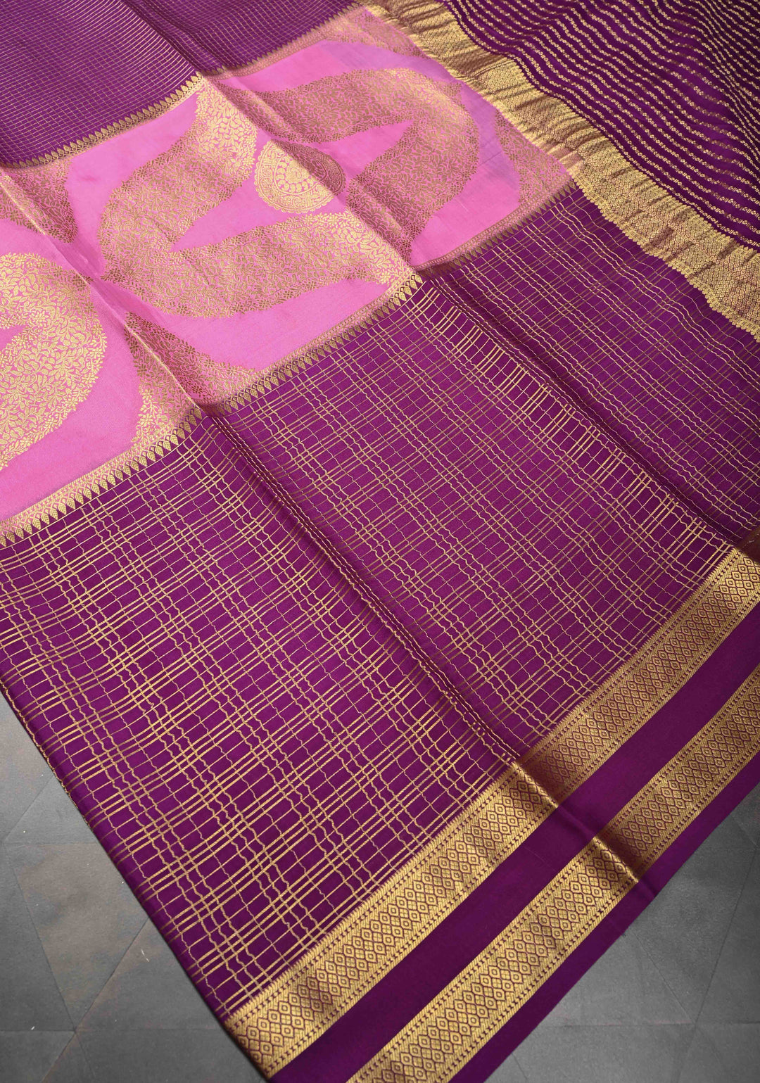 Plum-Pink Mysore Silk Saree with Zari Checks and Zari Border | SILK MARK CERTIFIED