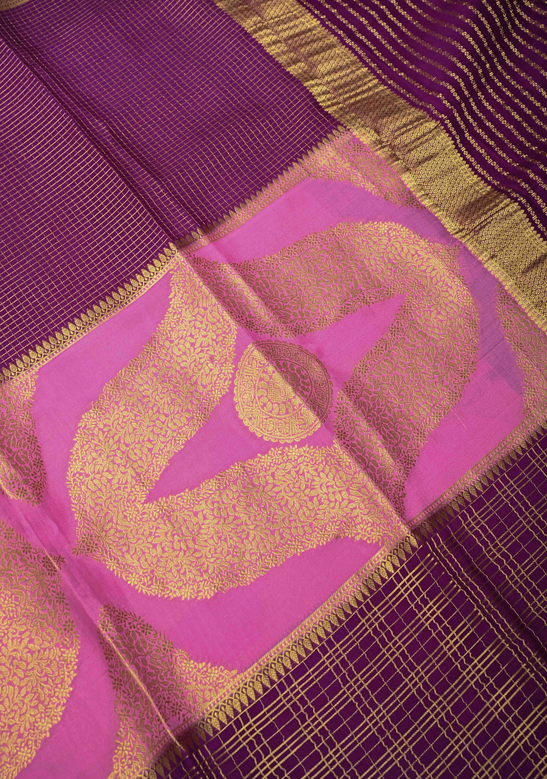 Plum-Pink Mysore Silk Saree with Zari Checks and Zari Border | SILK MARK CERTIFIED
