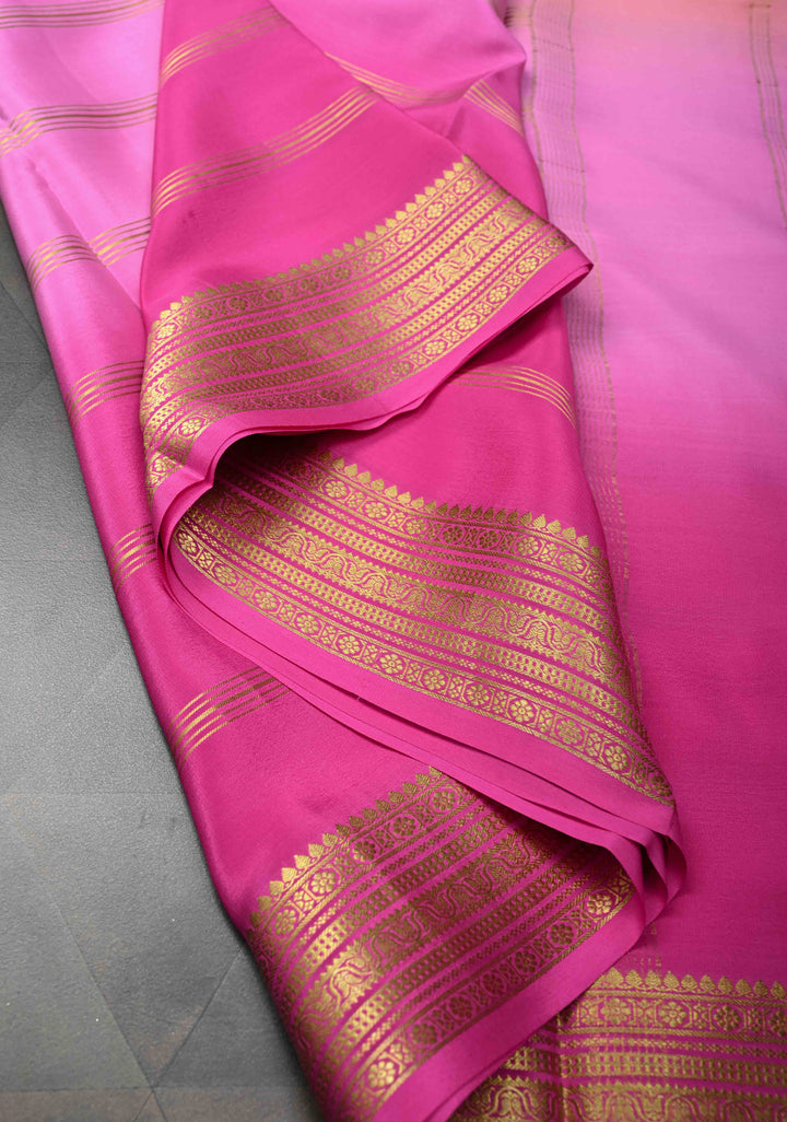 Ombre Shaded Mysore Silk Saree in Light Yellow-Light and Dark Pink with Zari Stripes and Zari Border | SILK MARK CERTIFIED