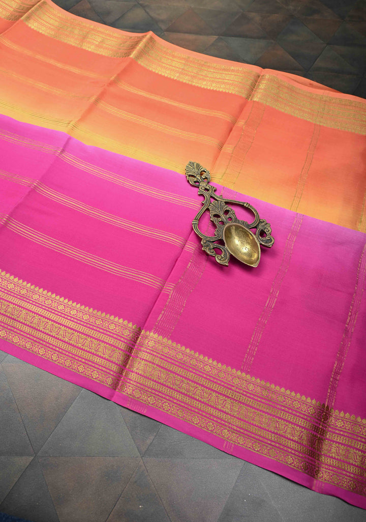 Ombre Shaded Mysore Silk Saree in Light Yellow-Light and Dark Pink with Zari Stripes and Zari Border | SILK MARK CERTIFIED