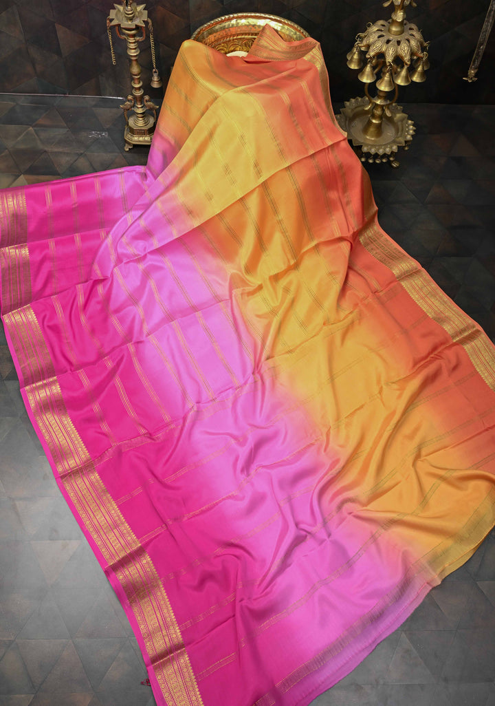 Ombre Shaded Mysore Silk Saree in Light Yellow-Light and Dark Pink with Zari Stripes and Zari Border | SILK MARK CERTIFIED