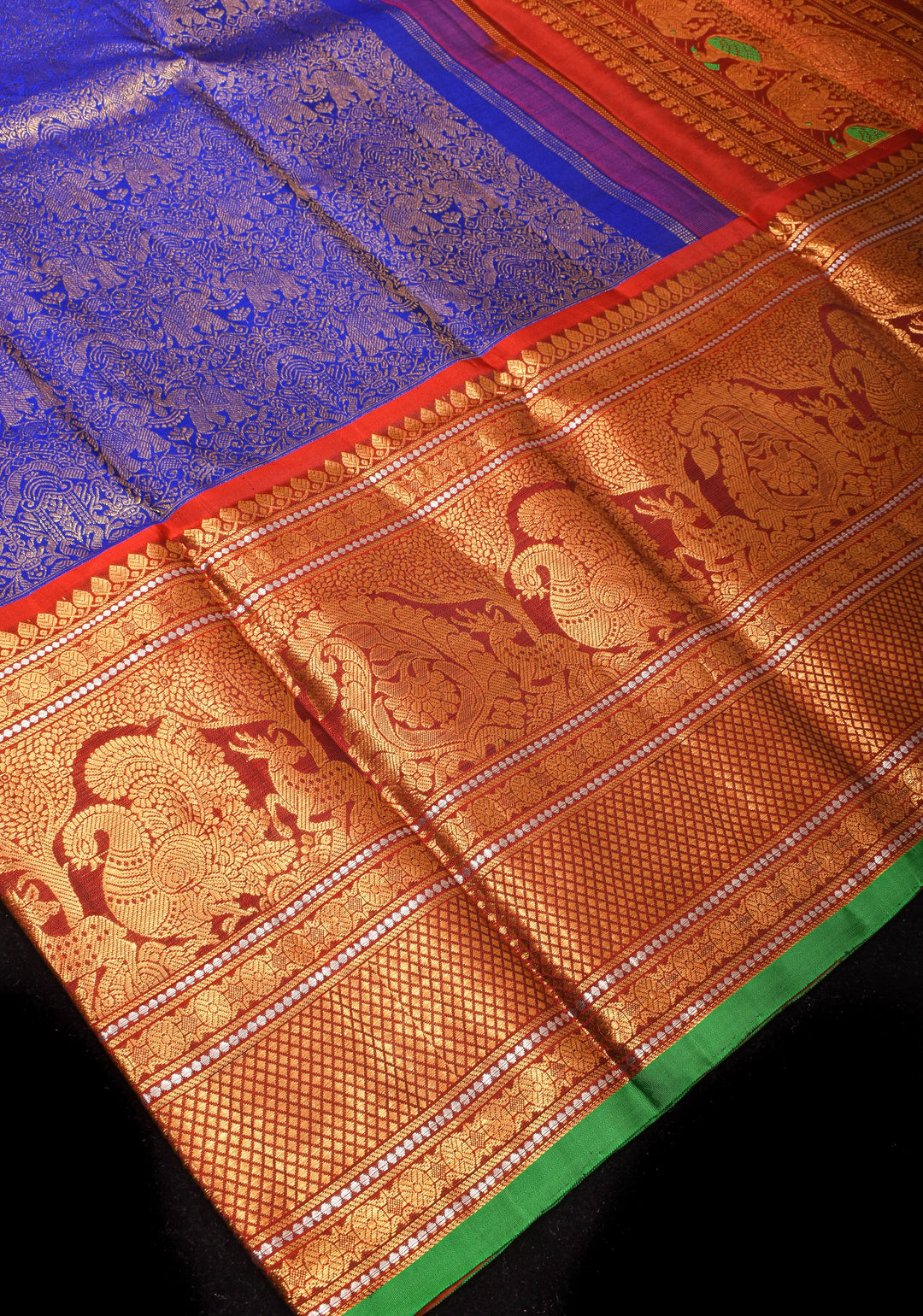 Exquisite Twin Elephant Brocade Gadwal Silk Saree in Blue with Meenakari Border and Grand Zari Pallu | SILK MARK CERTIFIED