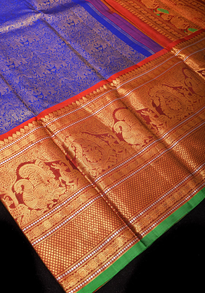Exquisite Twin Elephant Brocade Gadwal Silk Saree in Blue with Meenakari Border and Grand Zari Pallu | SILK MARK CERTIFIED