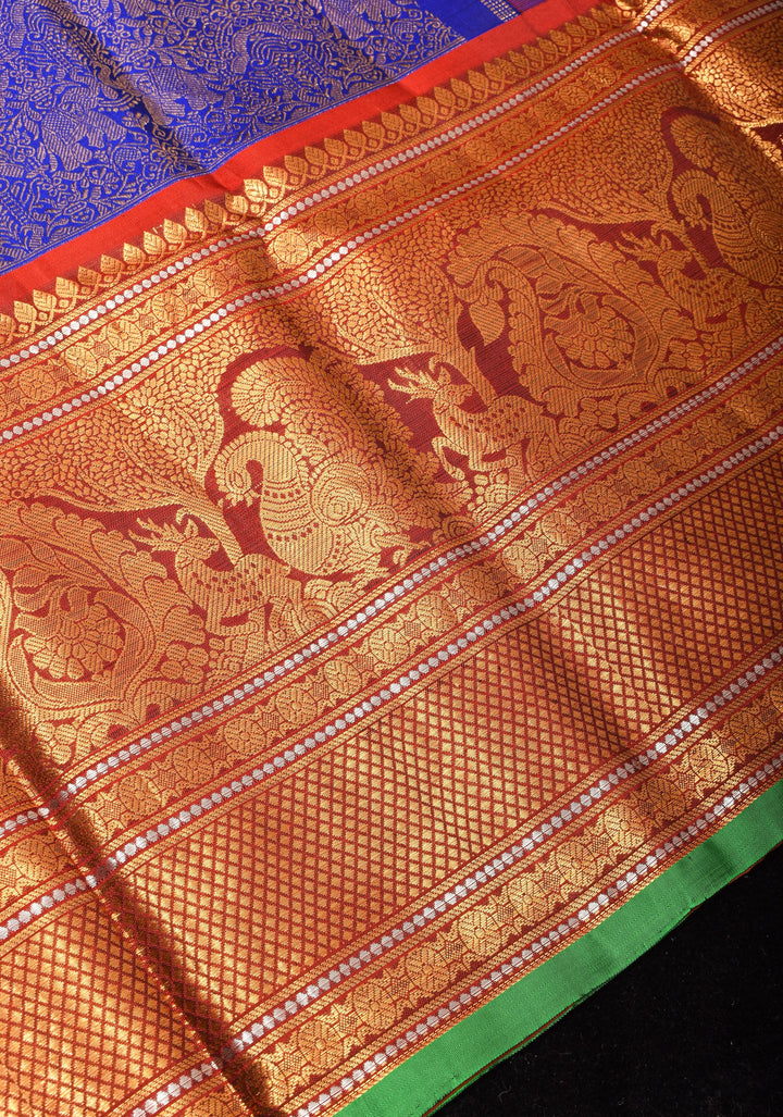 Exquisite Twin Elephant Brocade Gadwal Silk Saree in Blue with Meenakari Border and Grand Zari Pallu | SILK MARK CERTIFIED
