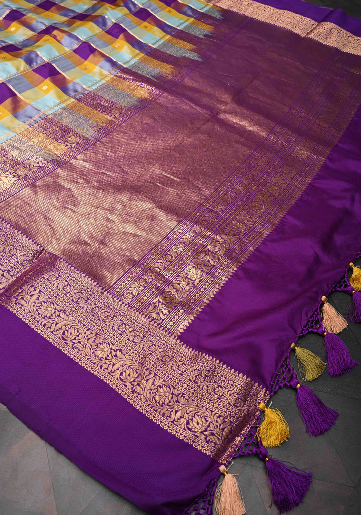 Pre Order - Exquisite Vidya Balan Checks Banarasi Silk Saree with Buttas and Kanjivaram Style Borders | SILK MARK CERTIFIED