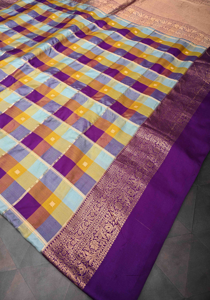 Pre Order - Exquisite Vidya Balan Checks Banarasi Silk Saree with Buttas and Kanjivaram Style Borders | SILK MARK CERTIFIED