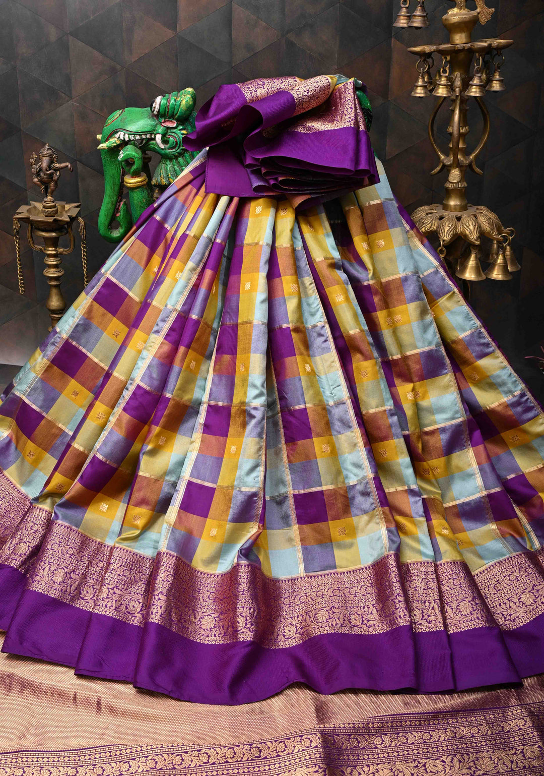 Pre Order - Exquisite Vidya Balan Checks Banarasi Silk Saree with Buttas and Kanjivaram Style Borders | SILK MARK CERTIFIED