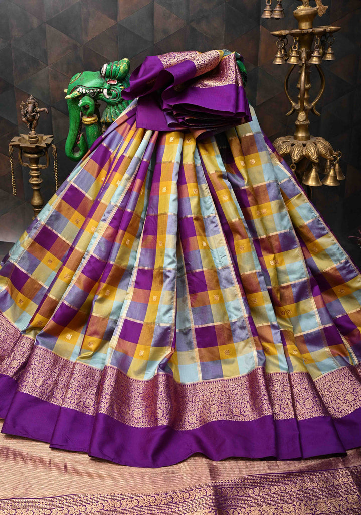 Pre Order - Exquisite Vidya Balan Checks Banarasi Silk Saree with Buttas and Kanjivaram Style Borders | SILK MARK CERTIFIED